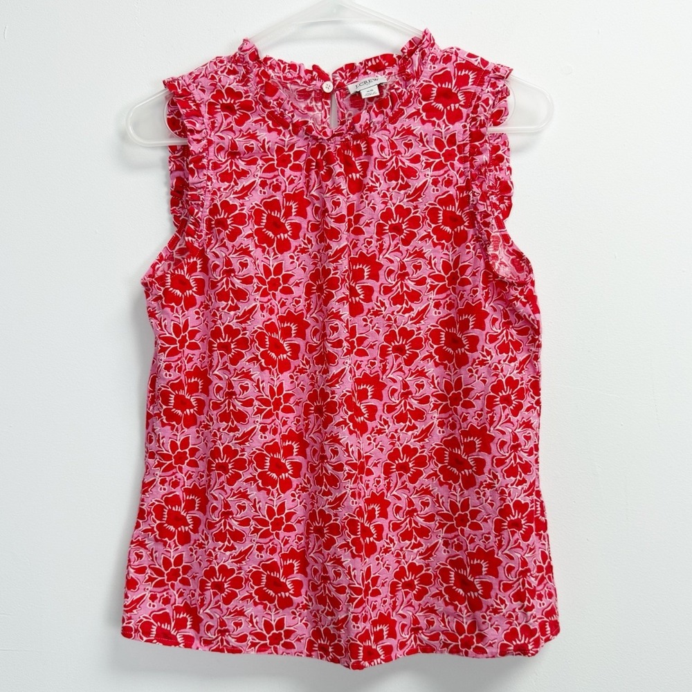 J Crew Shirt Womens XS Pink Red Floral Ruffle Linen Cotton Sleeveless Top
